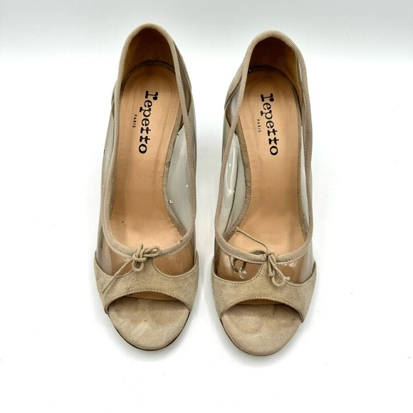 REPETTTO CLEAR SUEDE HEEL SHOE TAN NEUTRAL OPEN TOE  HEELS MADE IN PARIS 37.5 - Picture 5 of 12